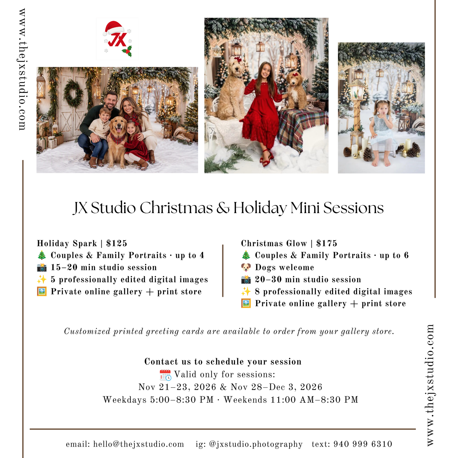 JX Studio Christmas and holiday mini session flyer with festive family photos, Holiday Spark $125 and Christmas Glow $175 packages, and book
