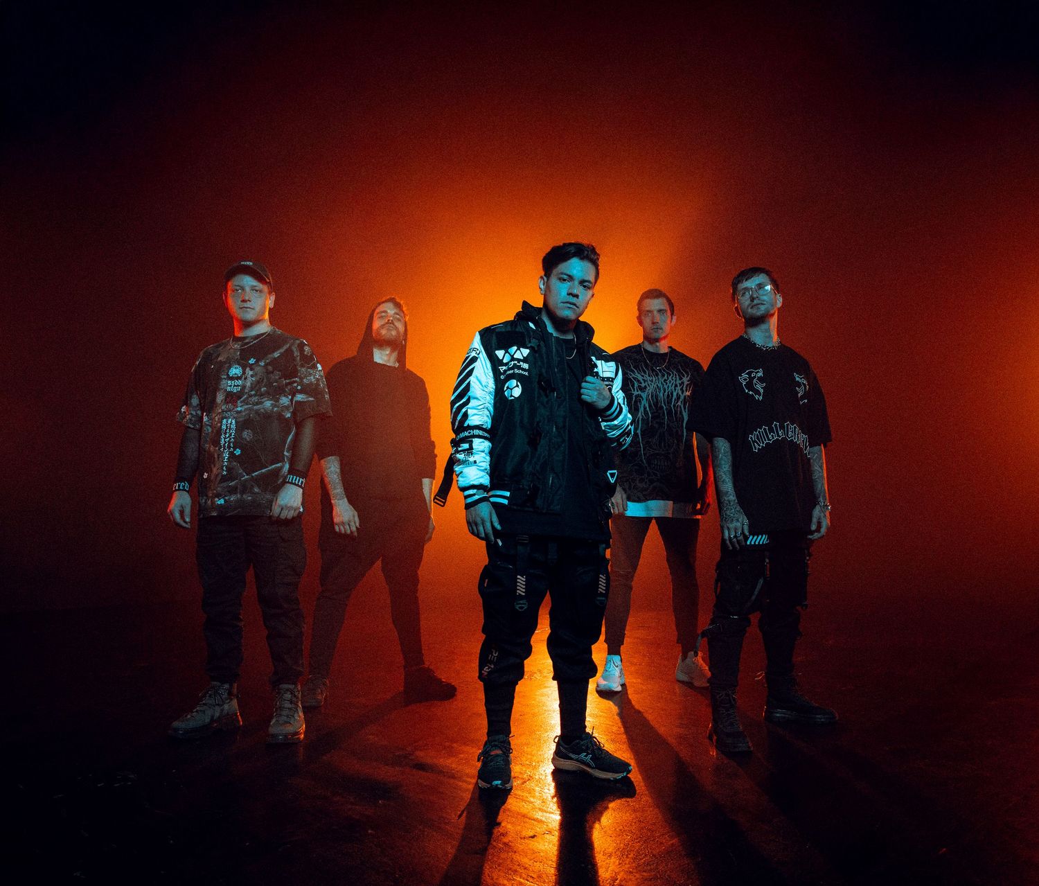 A dramatic sequence of silhouetted figures in dynamic poses against a dark orange and black background with atmospheric lighting.