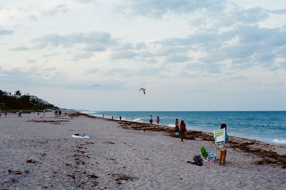 Beachgoers enjoy a sunny day on a sandy Florida beach with a kite flying above the ocean shoreline.