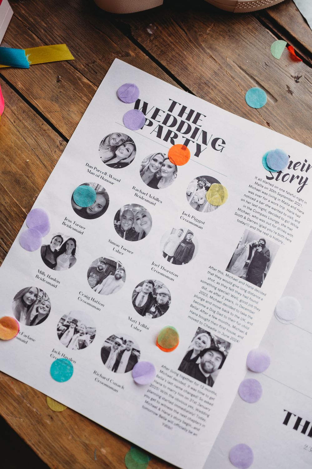 Wedding party newspaper program spread showing circular black and white photos of guests and wedding party members with colorful confetti.