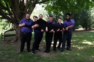 Six groomsmen in purple and black attire pose playfully under large tree in garden setting.
