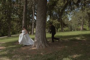 Bride in white gown and groom in black suit posing around a large tree in a sunny park.