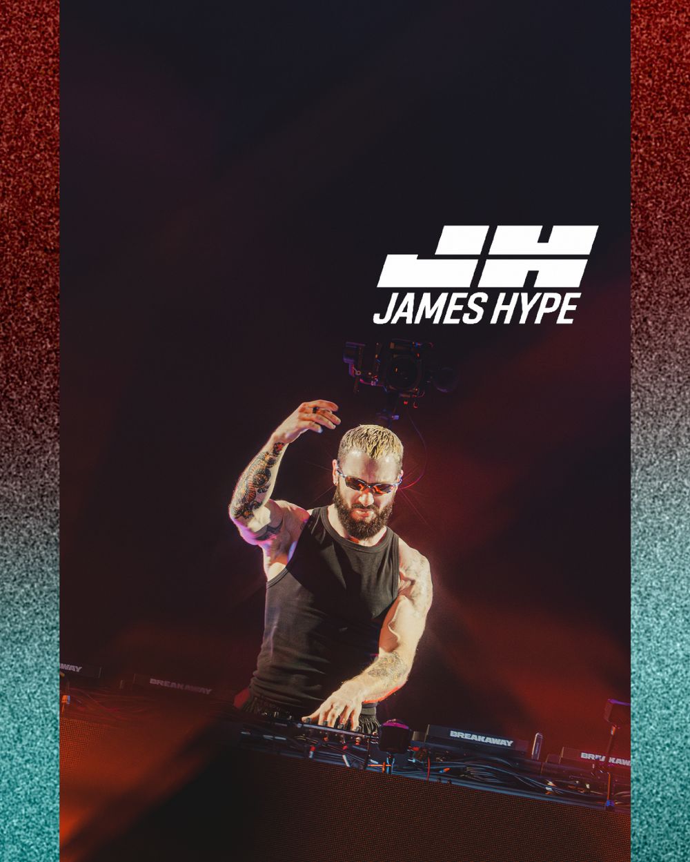 James Hype DJ performing on stage under dramatic red lighting with his logo displayed above.