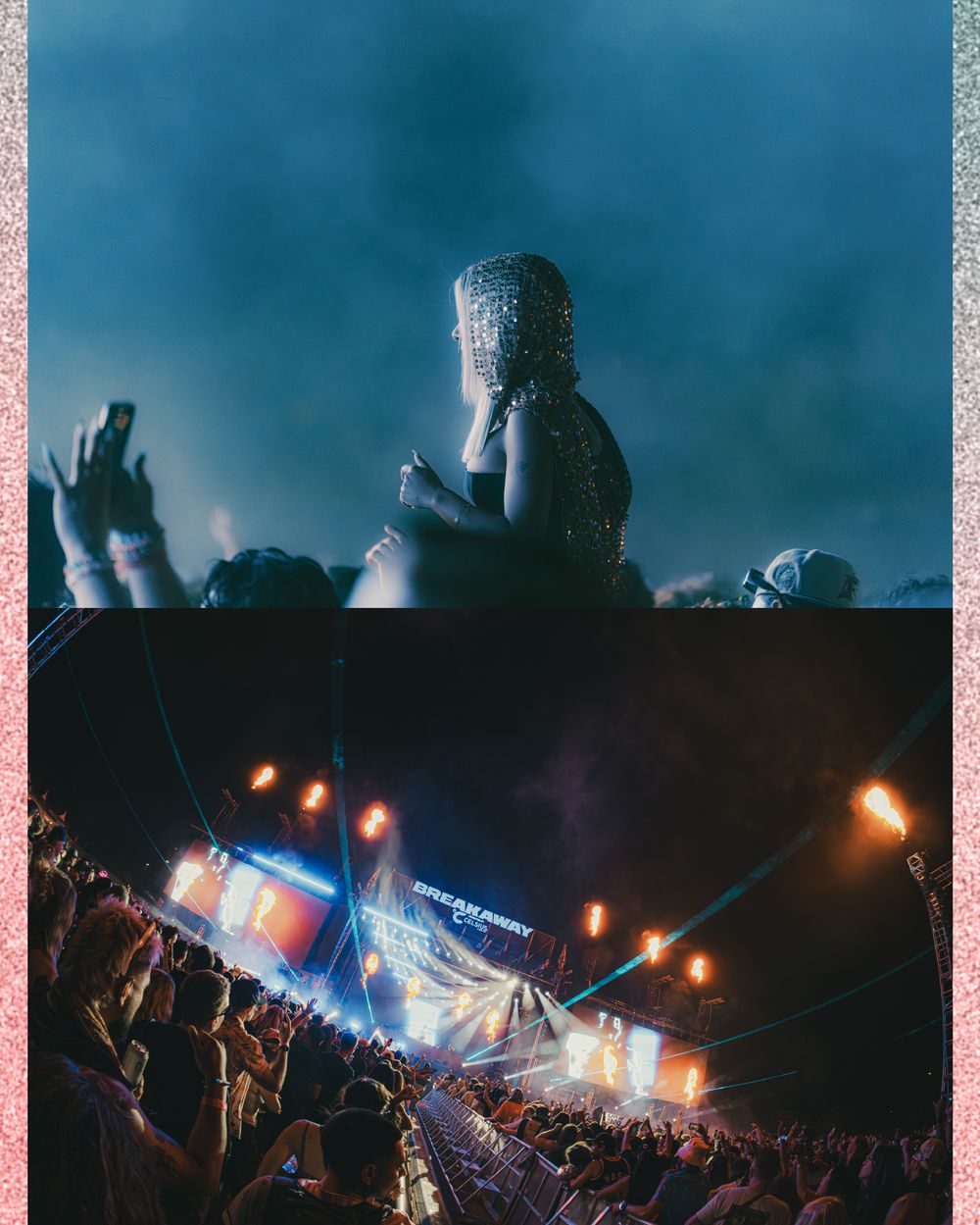 A glittering masked performer on stage at a packed outdoor music festival with dramatic blue lighting and crowd.