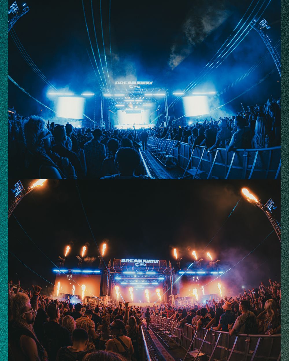 Massive outdoor music festival crowd energized under bright stage lights at a Dream Away concert event.