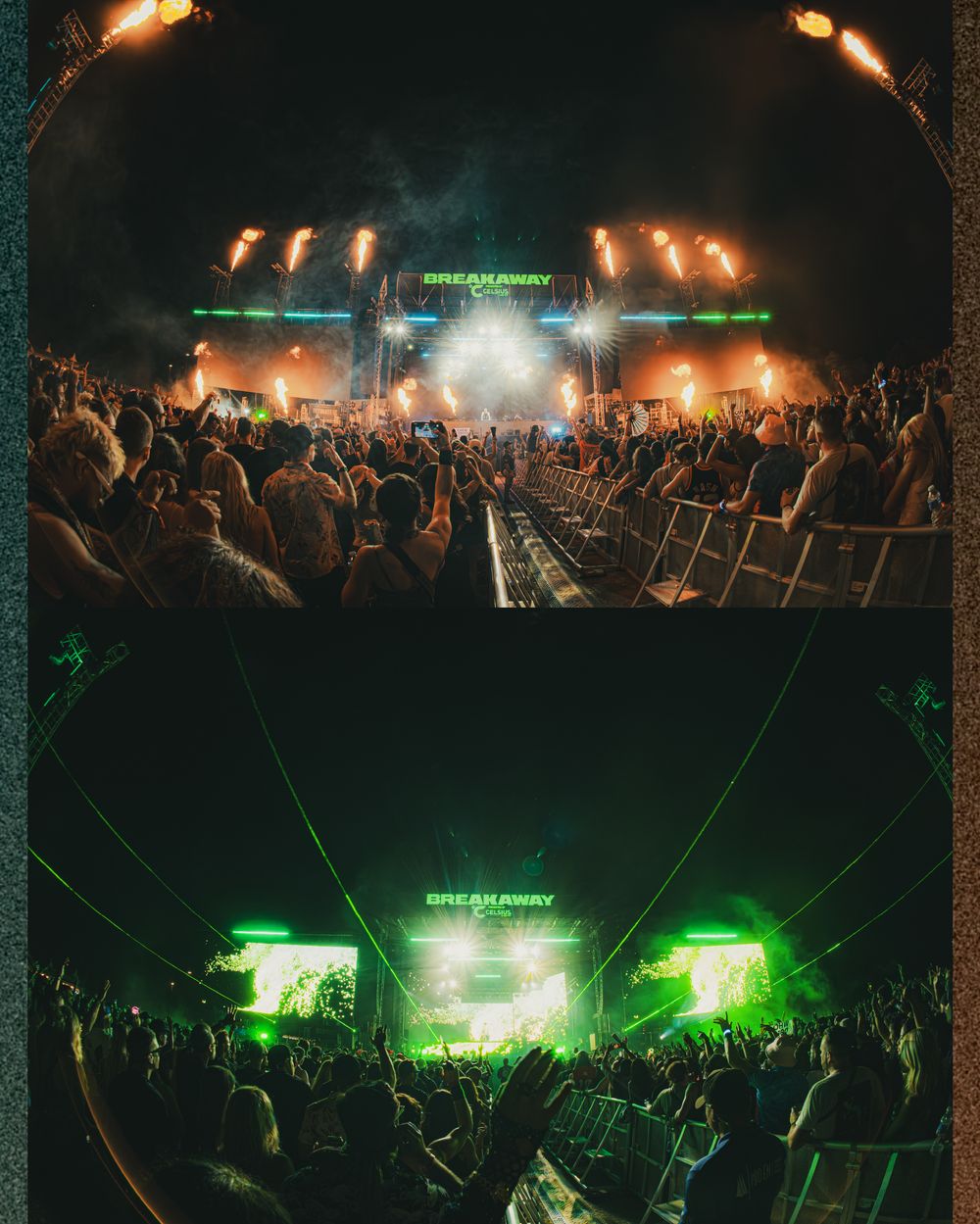 Breakaway festival crowd enjoys green laser light show and fireworks at outdoor night concert stage.