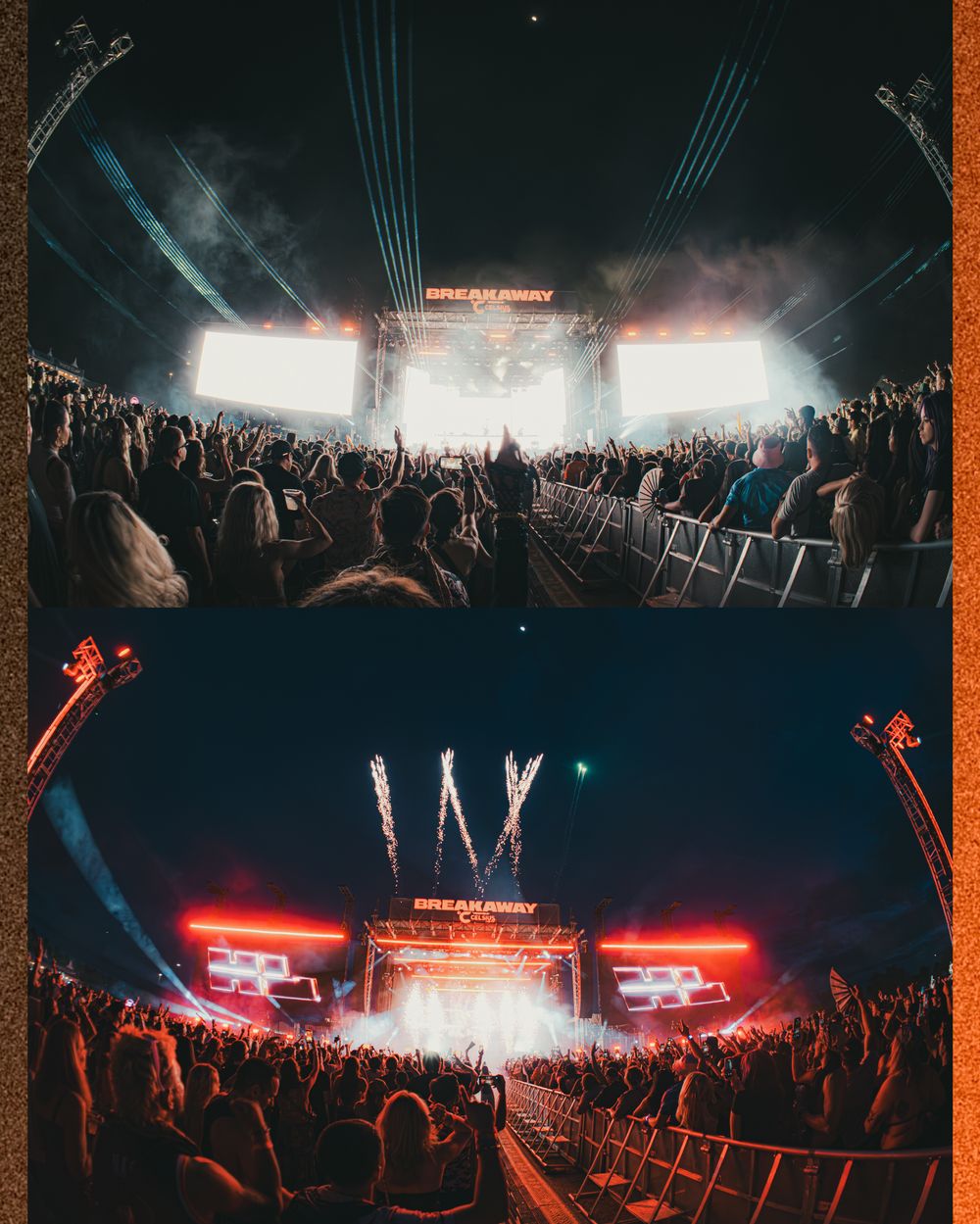 Two aerial shots of Breakaway Music Festival stage with colorful lights, lasers, fireworks, and large crowds at night.
