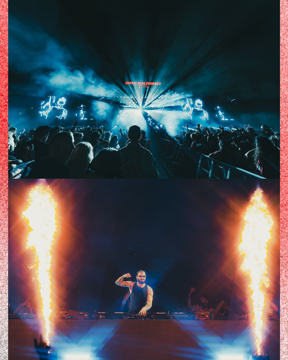 DJ performing on stage with massive fire jets and dramatic lighting at a packed outdoor music festival concert.