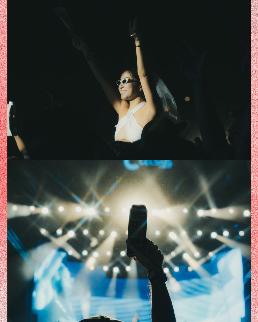 Woman in white top raises arms at a concert with sunglasses on, crowd and stage lights glowing below.