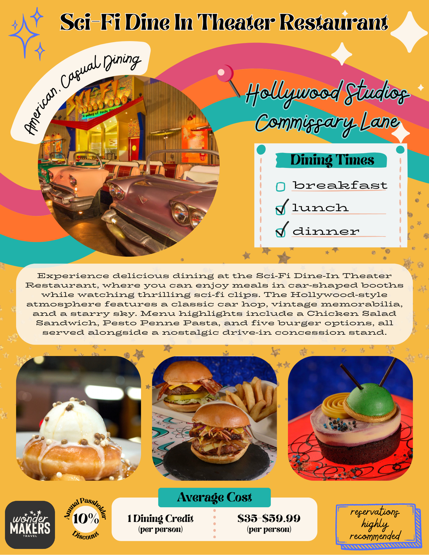 Marketing infographic showing Sci-Fi Dine In Theater Restaurant menu options and pricing.