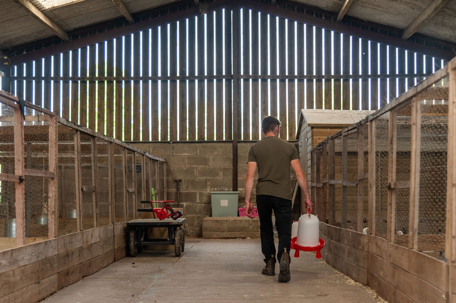 Interior view of a wooden barn structure with slatted walls letting in natural light.