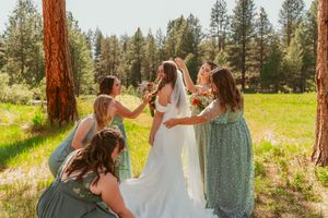 Wedding party gathers under pine trees for outdoor celebration photos.