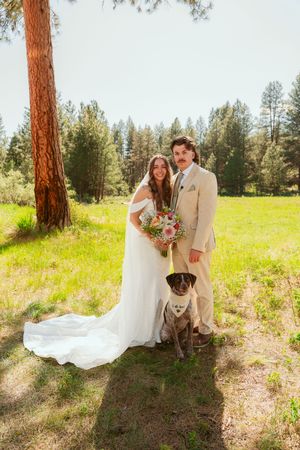 A couple in wedding attire poses in a sun-dappled forest meadow with their brown dog beneath tall pine trees.