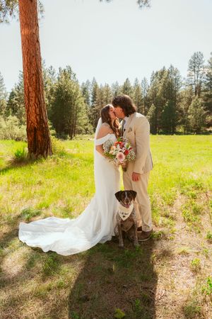 Newlyweds share a romantic kiss in a sunlit forest meadow with their dog as a wedding witness.