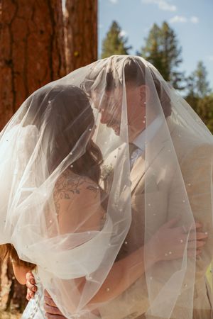 A romantic wedding photo shows a couple beneath a flowing white veil kissing outdoors with sunlit trees in the background.