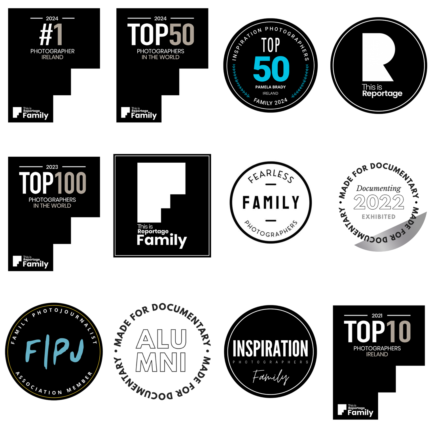 Collection of black and white circular and rectangular award badges and logos arranged in a grid pattern.