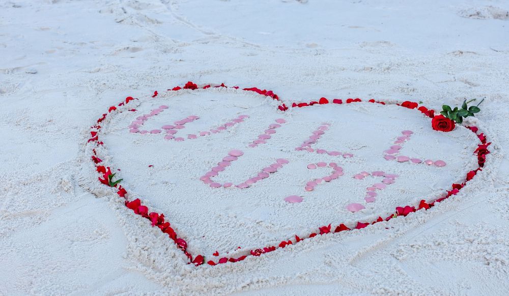Red rose petals arranged in a heart shape against a white snowy background create a romantic winter scene.
