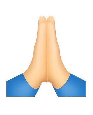 Sequence of blue-clothed praying hands emoji icons arranged from large to small against white background.