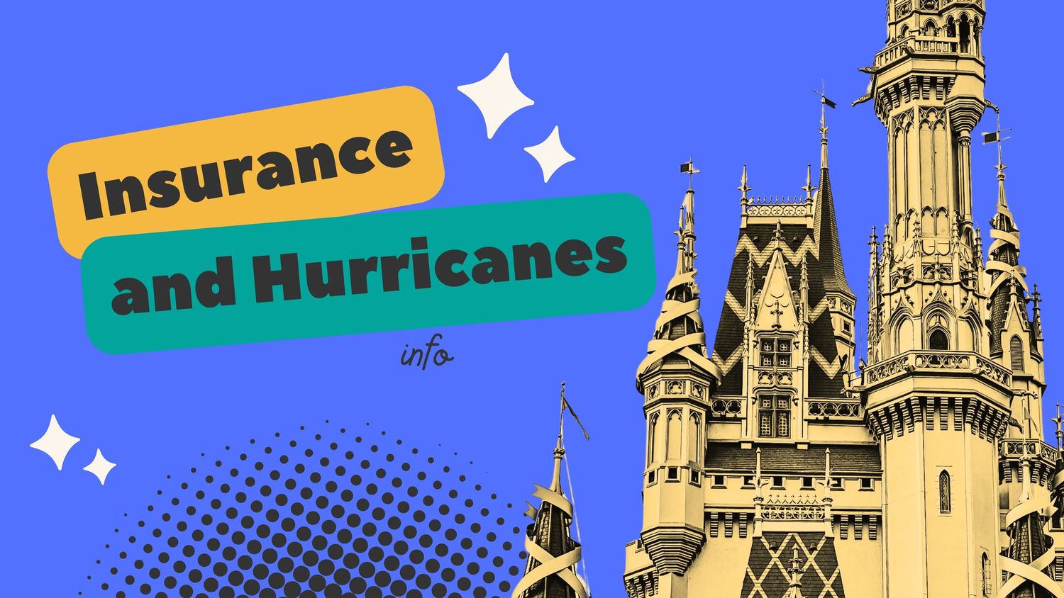 Disney castle silhouette with text about insurance and hurricanes on blue background.