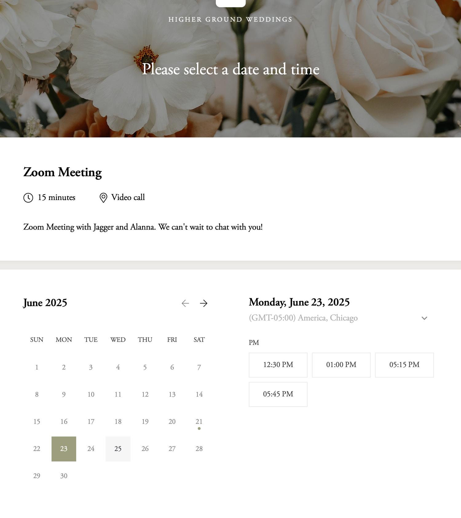 Calendar interface showing June 2023 date selection screen with white floral background and time slots for scheduling.