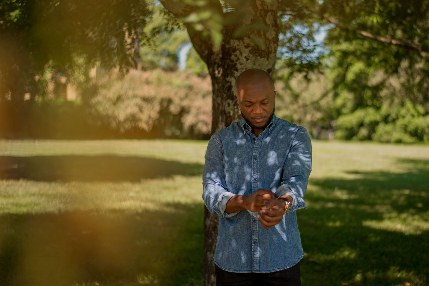Solo portrait of black man in Richmond, Virginia, candid