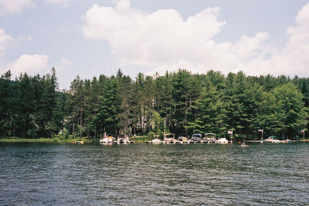 Panoramic view of a serene lake surrounded by evergreen trees and lakefront cottages on a calm summer day.