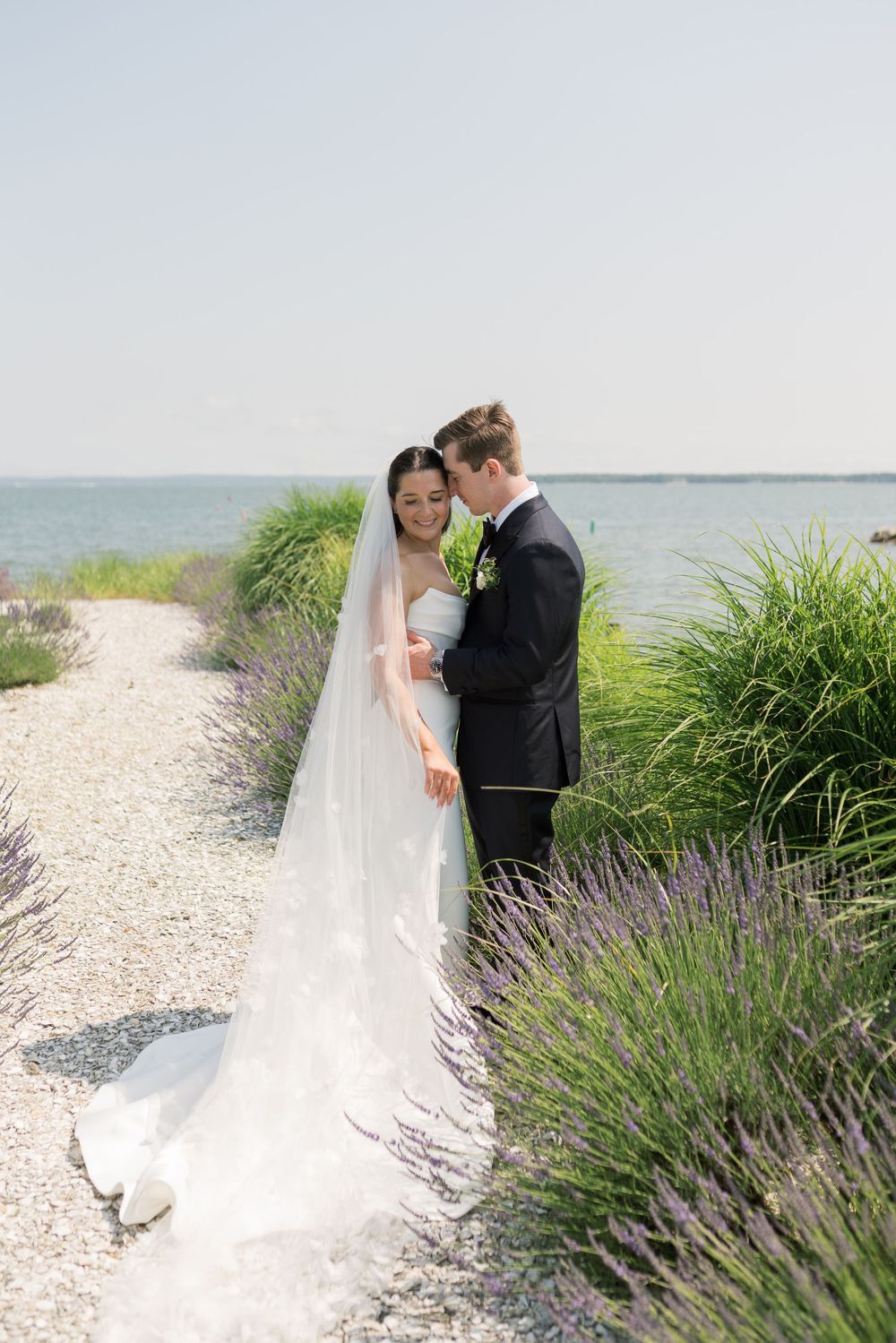 A romantic wedding photo by the ocean with lavender flowers lining a shell path.