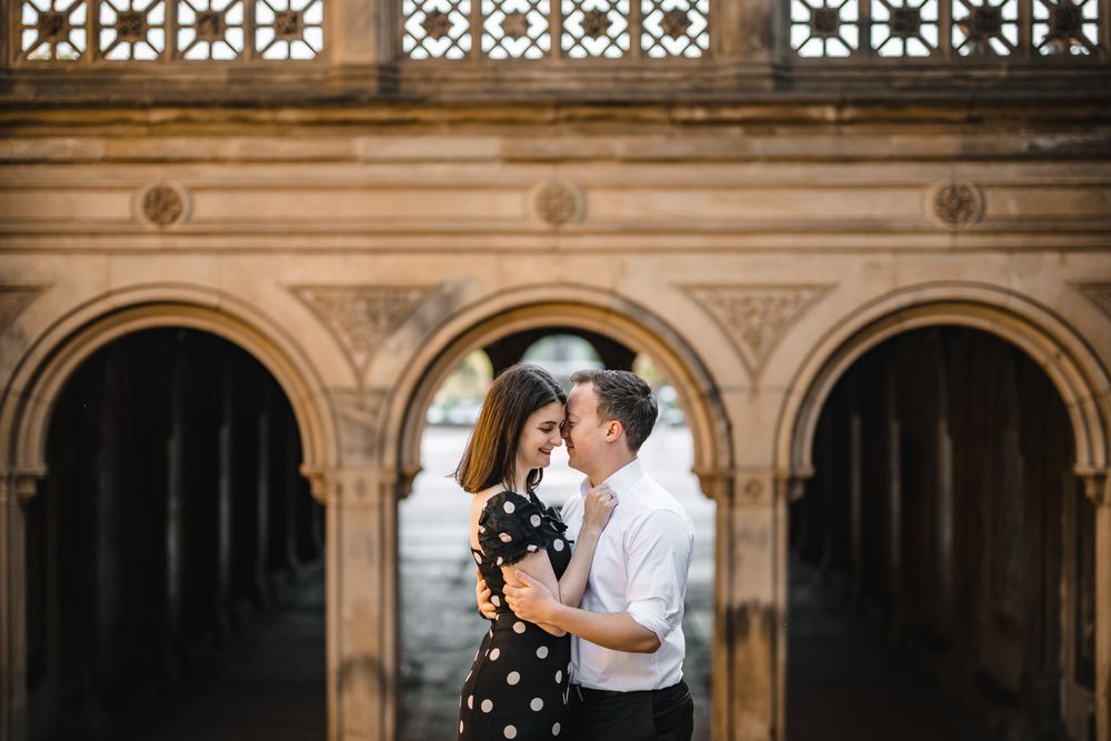 Architectural series showing ornate stone arches and decorative details with couple.