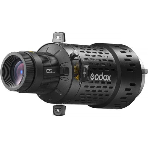 Godox photography projection lens with black cylindrical housing and ventilation holes for professional lighting equipment.
