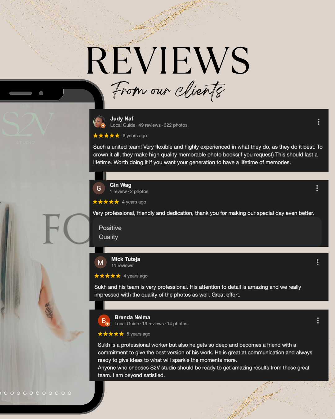 Multiple smartphone screens showing online customer reviews and star ratings on a light background.
