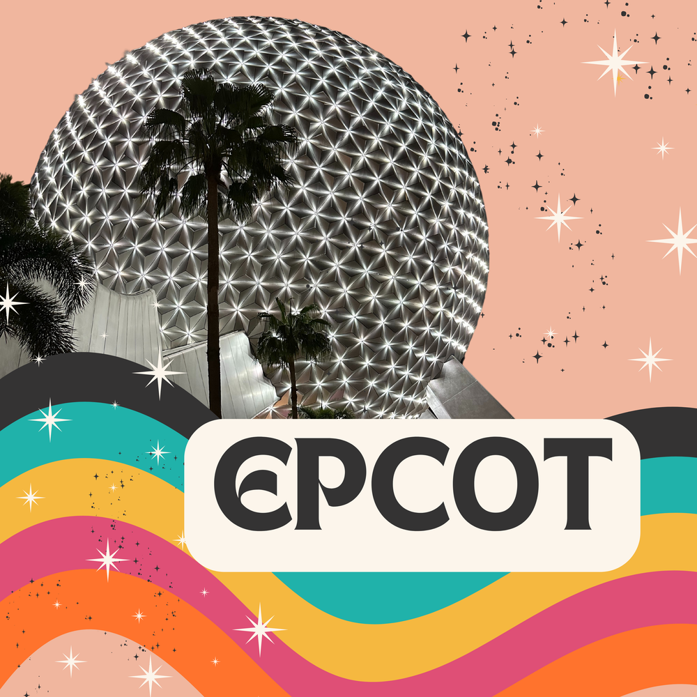 Stylized EPCOT logo design with geometric sphere pattern against pastel sunset background.