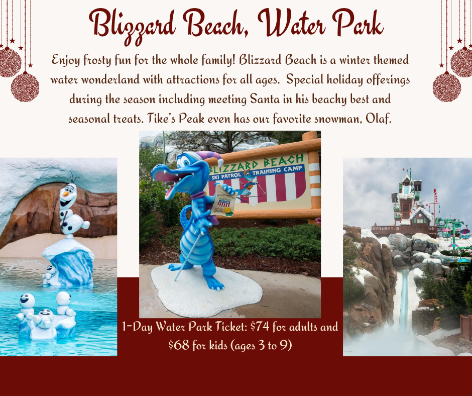 Blizzard Beach Water park graphic showing olaf statue and a slide.