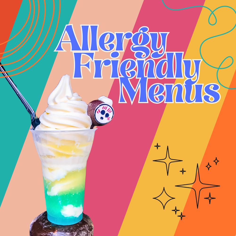 Allergy friendly menus cover with colorful gradient background and rainbow ice cream sundae.