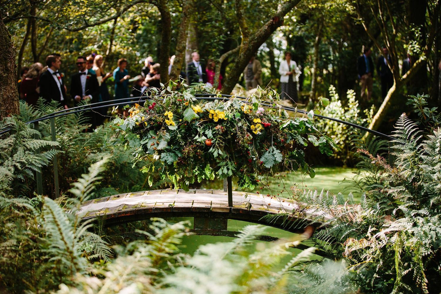 Rustic wooden footbridge spans over a tranquil stream surrounded by lush ferns and flowering plants in a garden setting.
