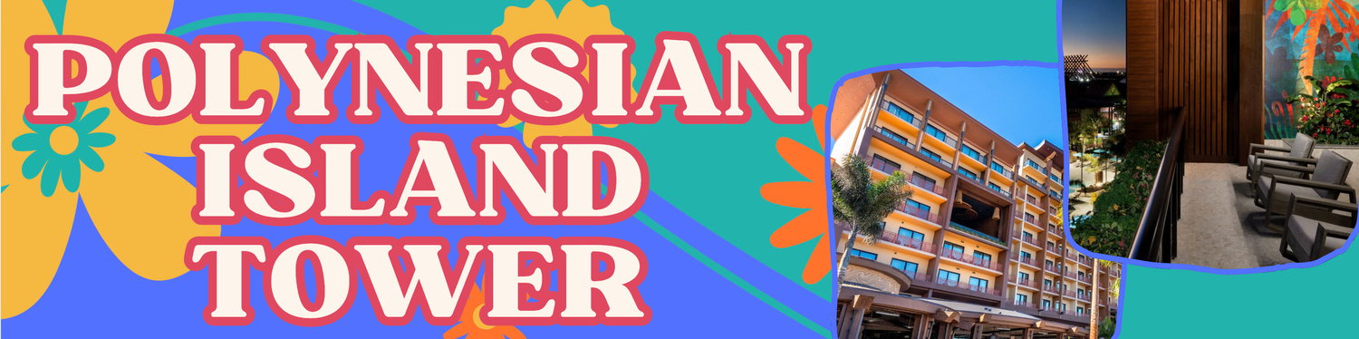 Theme park resort signage showing Polynesian Island Tower text with tropical design elements.