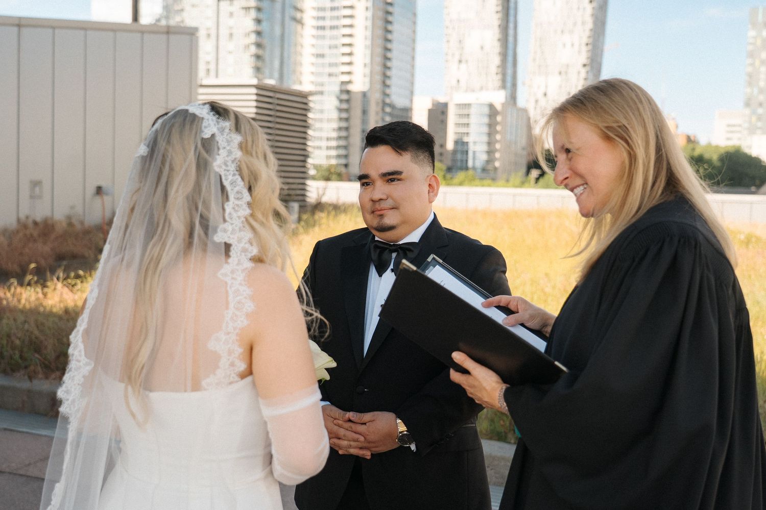 Multiple framed photos show intimate moments from a wedding ceremony with couples exchanging vows outdoors.