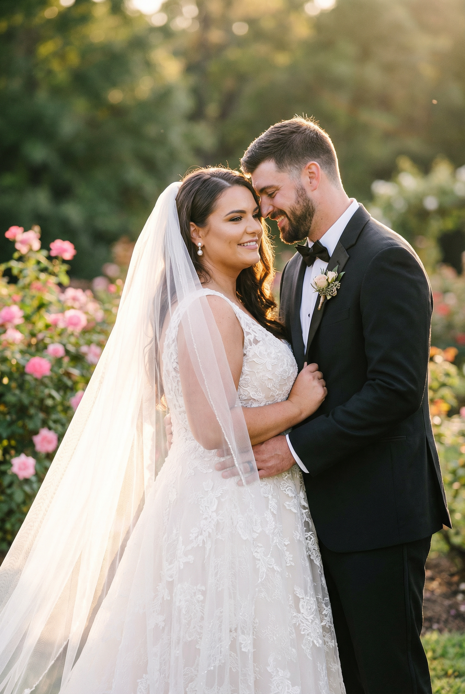 Romantic wedding couple embracing in a garden with blooming pink roses.