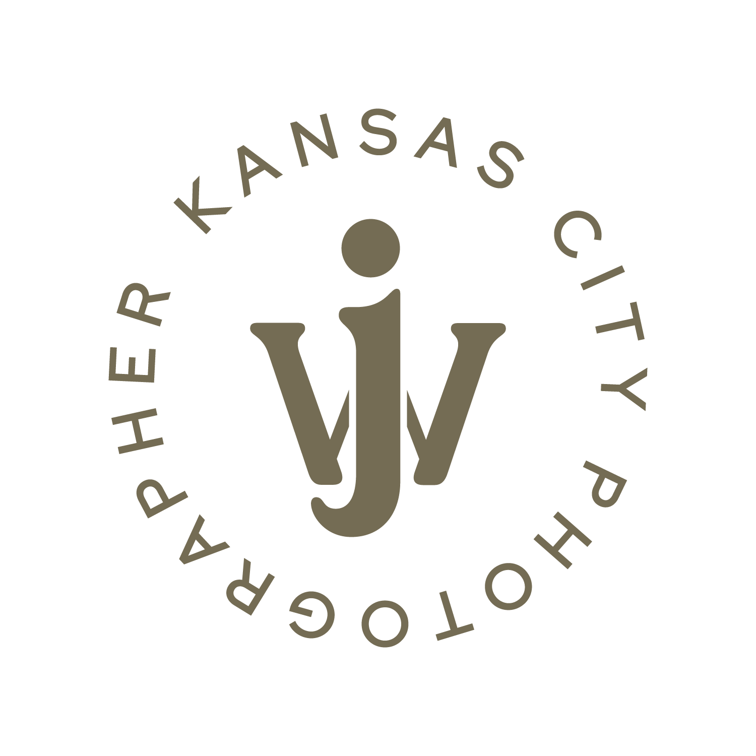 Circular logo design featuring the text Kansas City Photographer with interlocking JW initials in gray on black background.