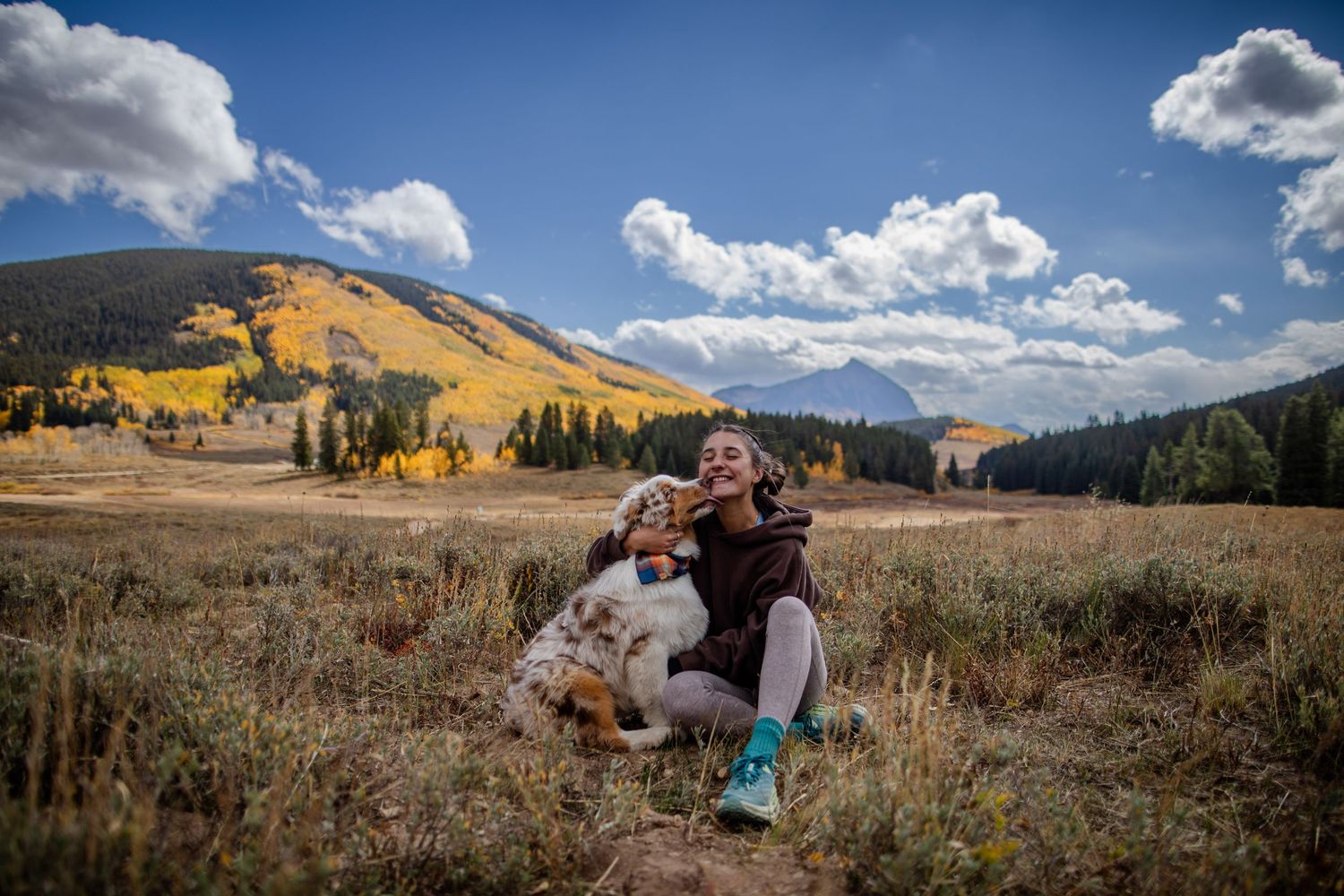 Girl and her Australian Shepherd with a mountain landscape backdrop with aspen trees in Crested Butte, Colorado.