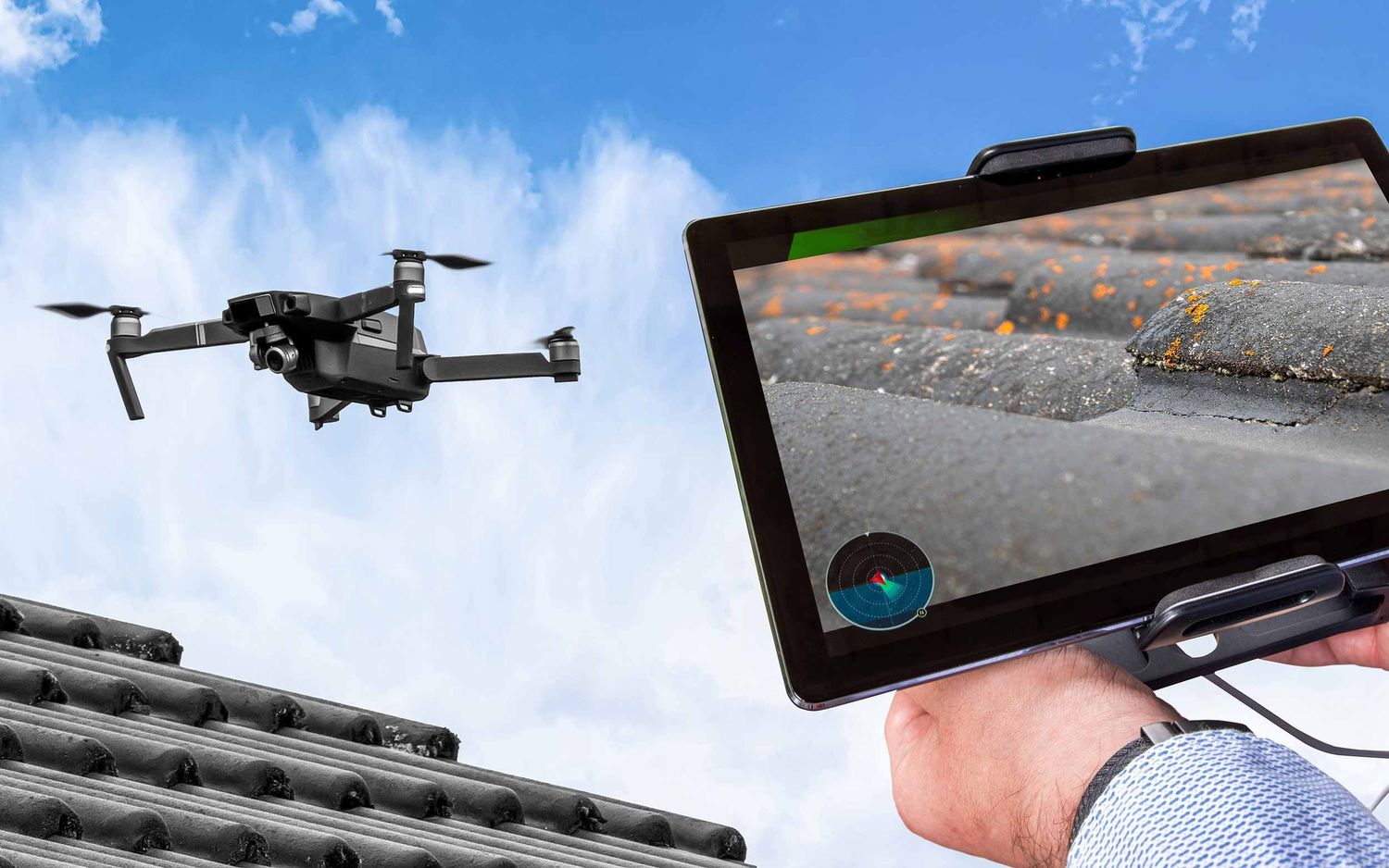 A drone inspecting a customers roof.