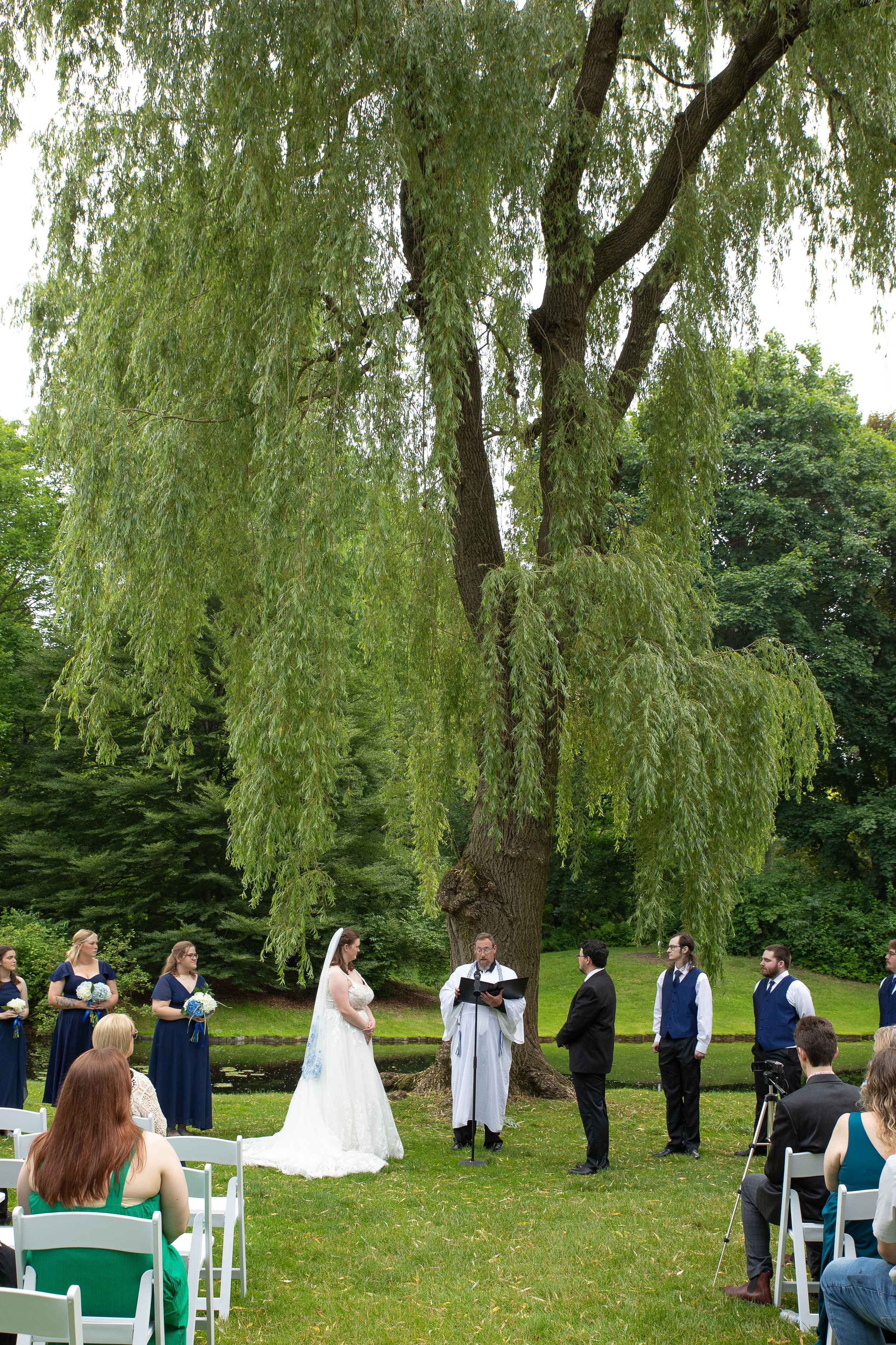 Outdoor wedding ceremony taking place under graceful weeping willow trees with guests seated in white chairs.