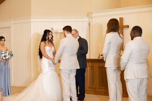 A collage of traditional wedding ceremony moments with couples and guests in formal attire at an elegant venue.