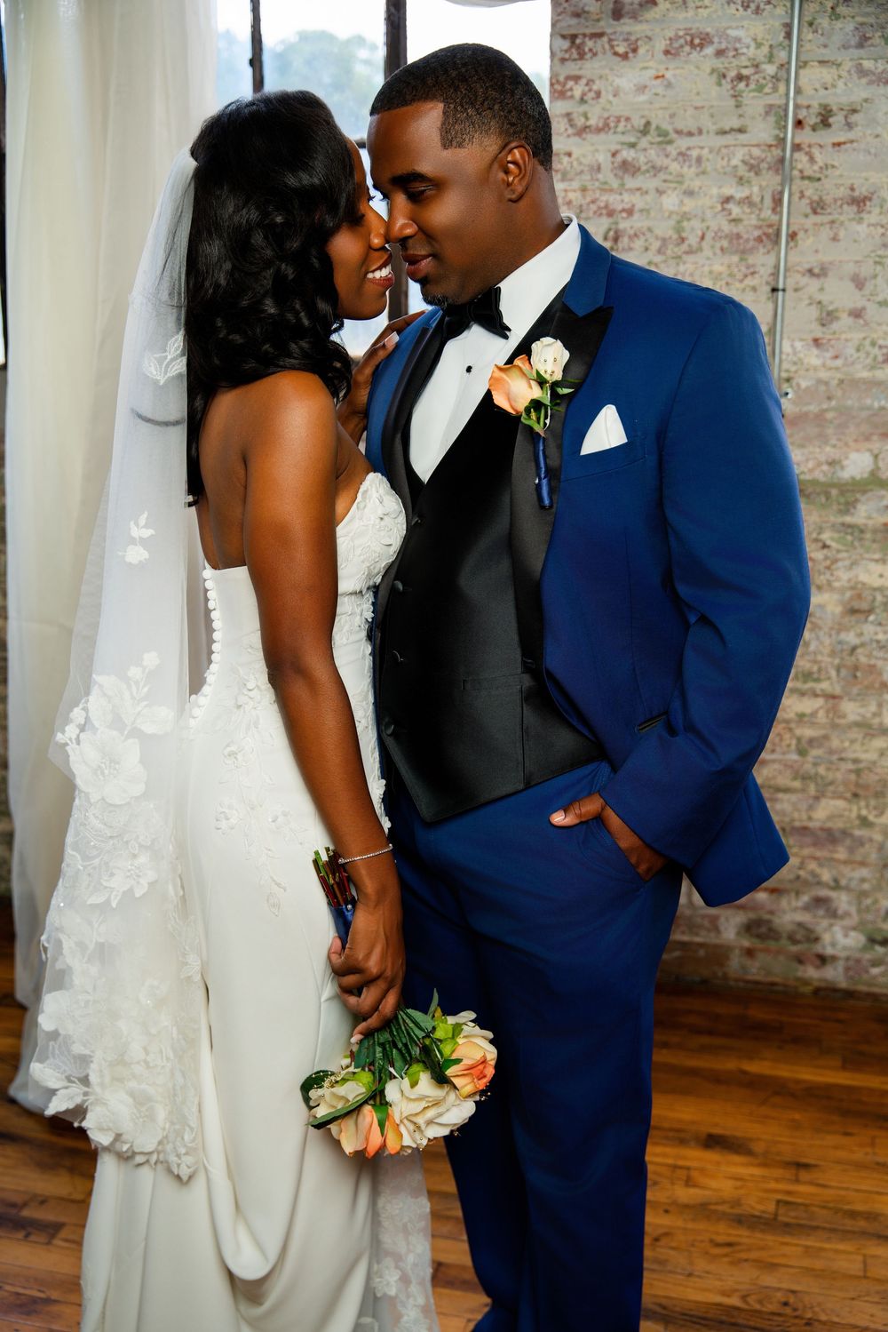 A romantic wedding moment captured in four similar poses showing a couple in formal attire on their special day.
