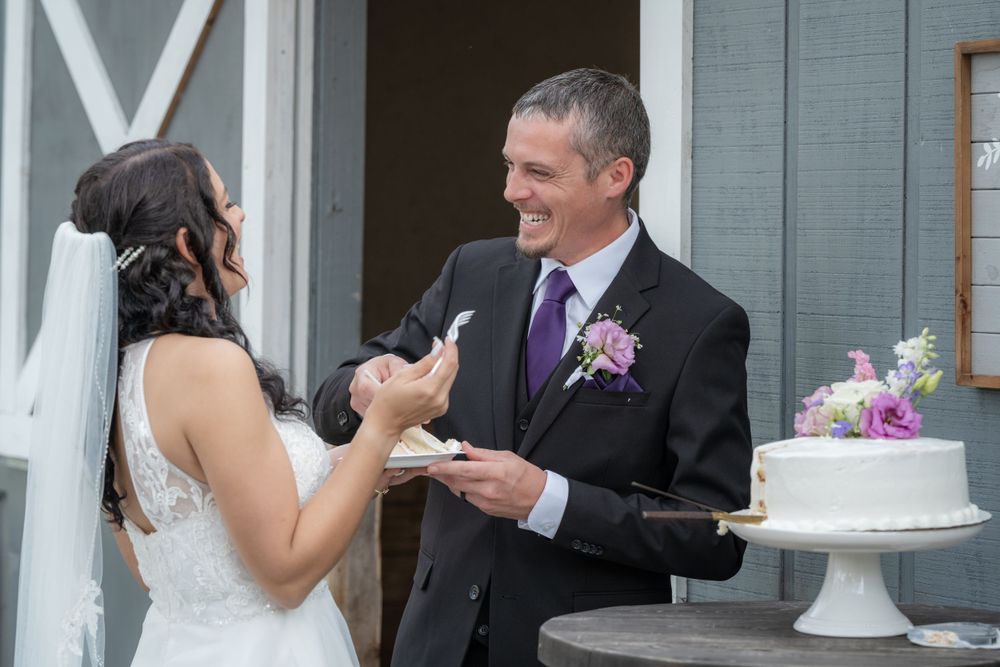 A couple shares an intimate moment while cutting their wedding cake together beside a decorated cake stand at Twisted Oak Farm in Vero Beach