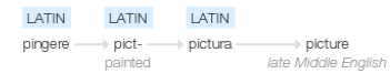Etymology diagram showing the Latin origin of the word picture from pingere through pictura.