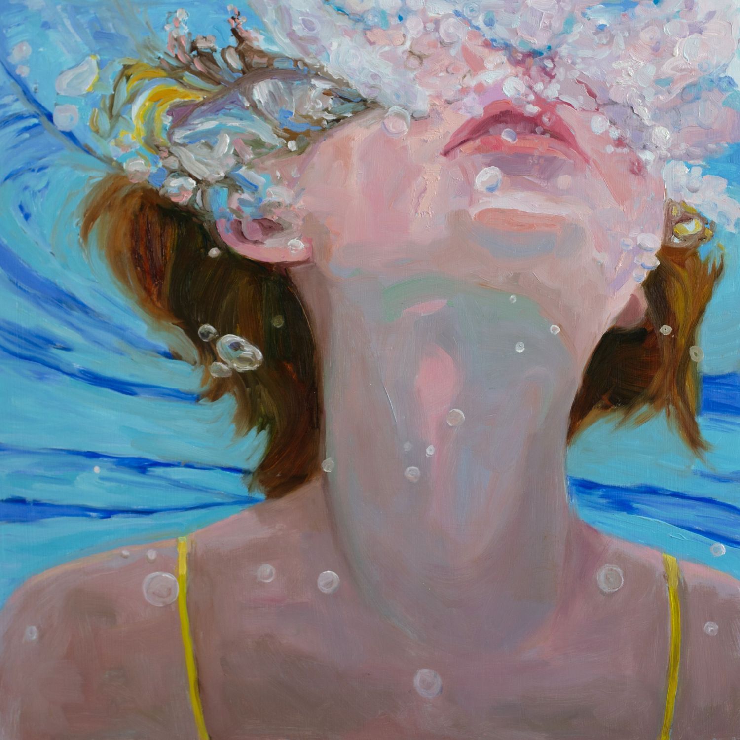 Fine art print of a girl's face under water with bubbles
