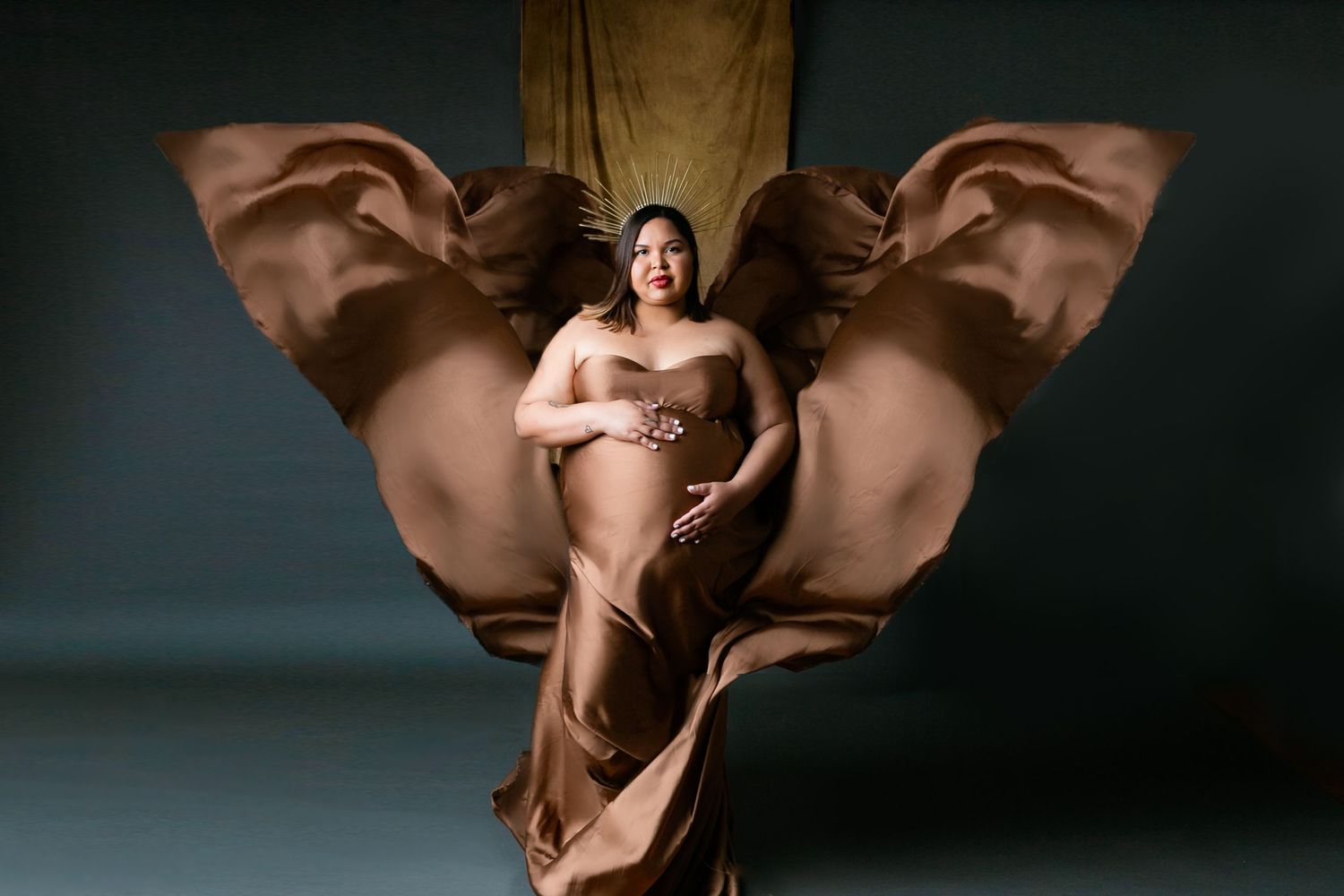 Artistic pregnancy portrait with flowing brown silk fabric, Orlando Maternity Photography, Sanford Maternity Photographer