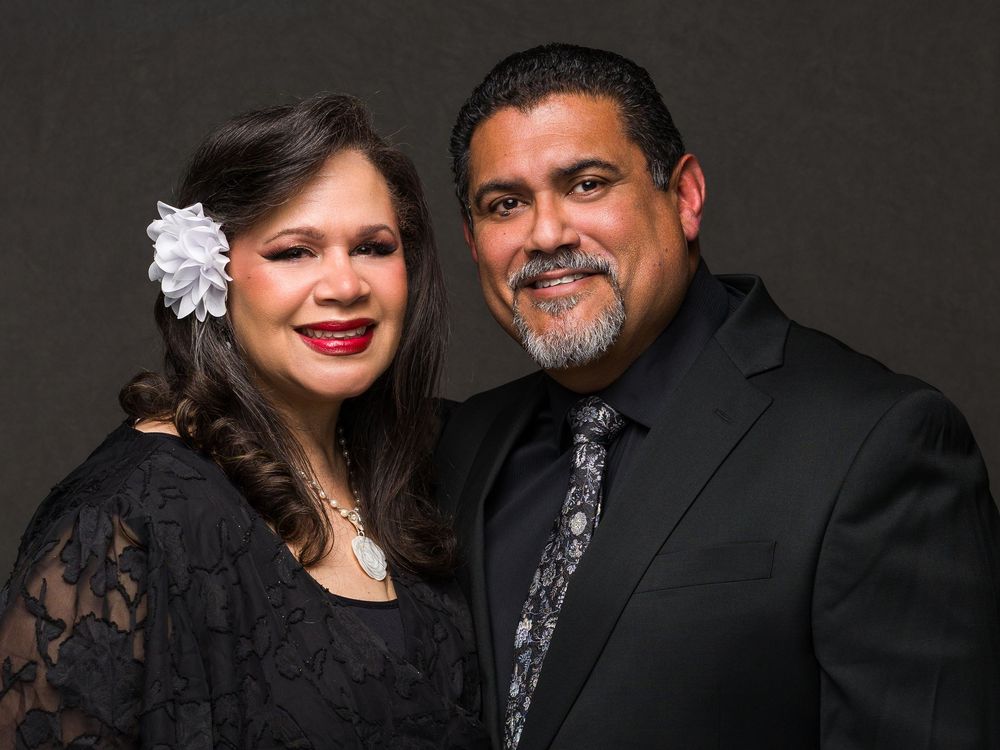 Three similar formal portraits showing a couple in black attire posing together against a dark background.