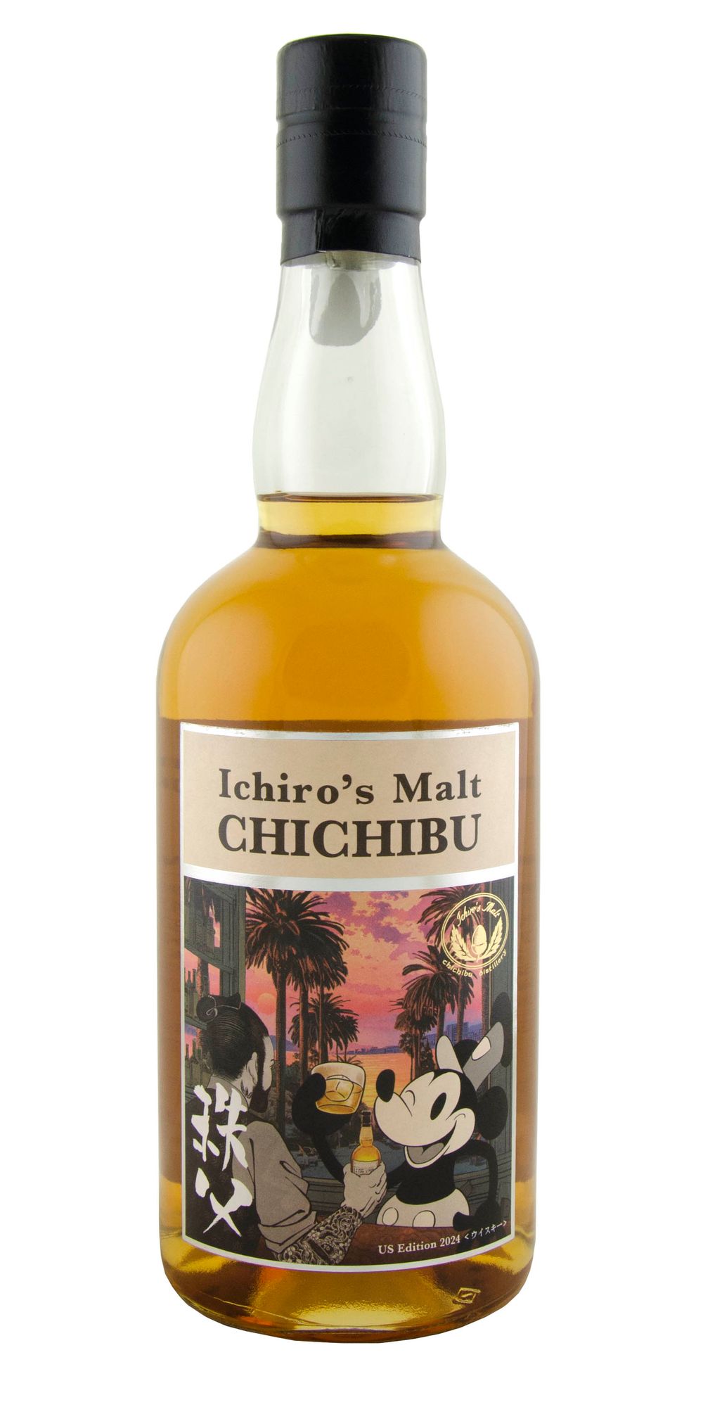 A bottle of Ichiro's Malt Chichibu whiskey featuring Mickey Mouse on the label with a sunset and palm trees backdrop.