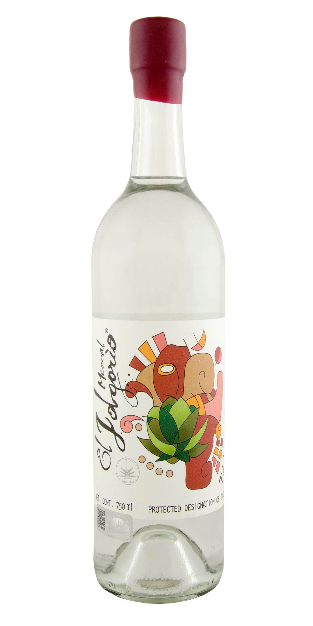 Clear glass bottle of tequila with colorful artwork featuring agave plant and geometric shapes on white label.